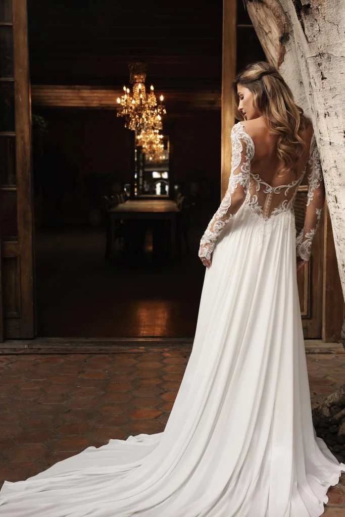 open back soft a-line wedding dress with high slit and side cutouts - D4350 by Essense of Australia