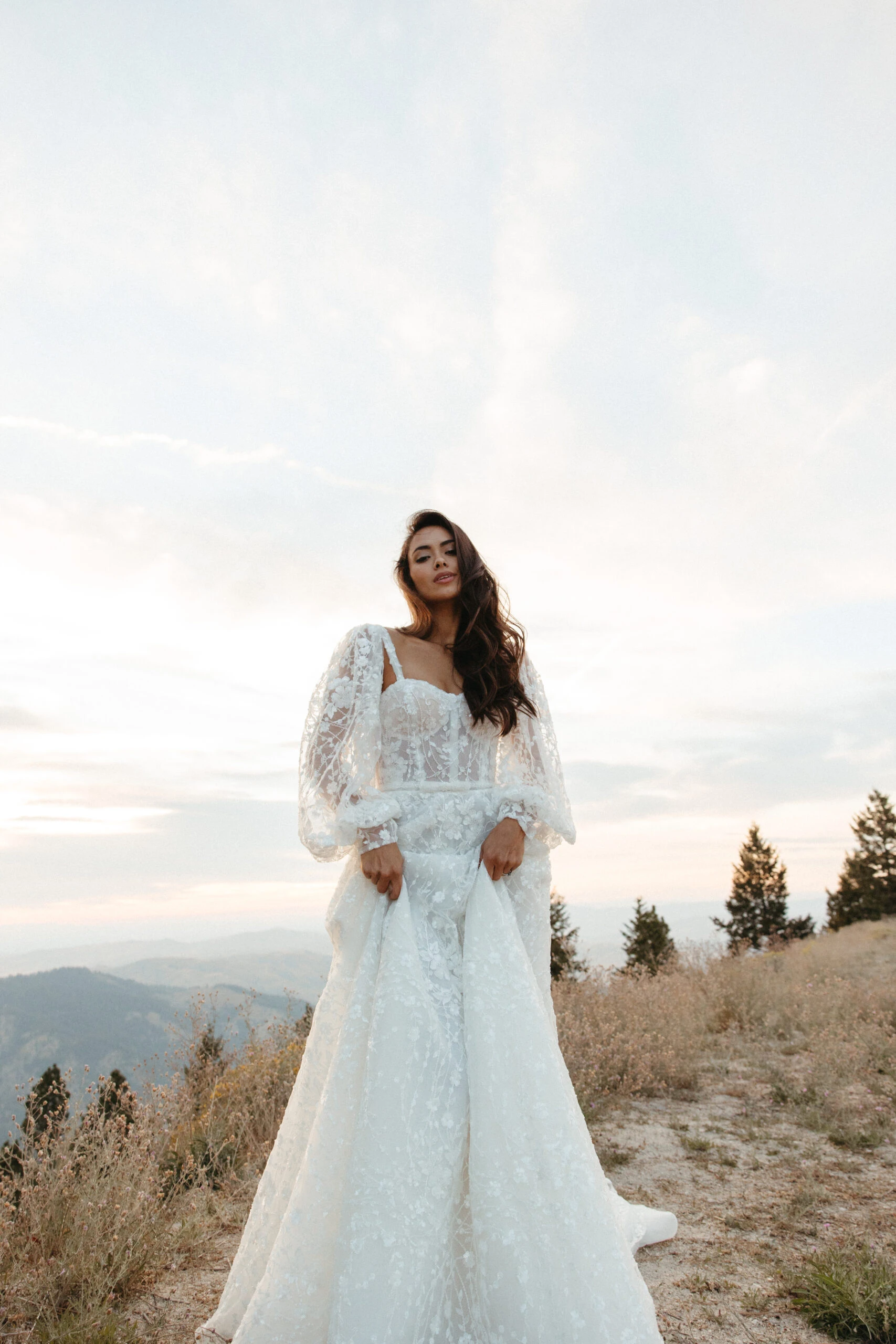 Floral Lace Boho A-Line Wedding Dress with Long Sleeves - All Who Wander  Wedding Dresses