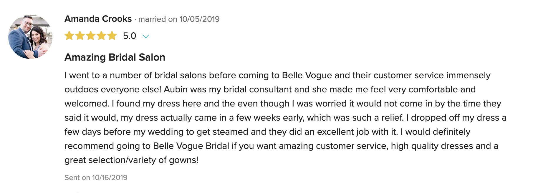 Positive review screenshot from bride on True Society by Belle Vogue Bridal listing on Wedding Wire