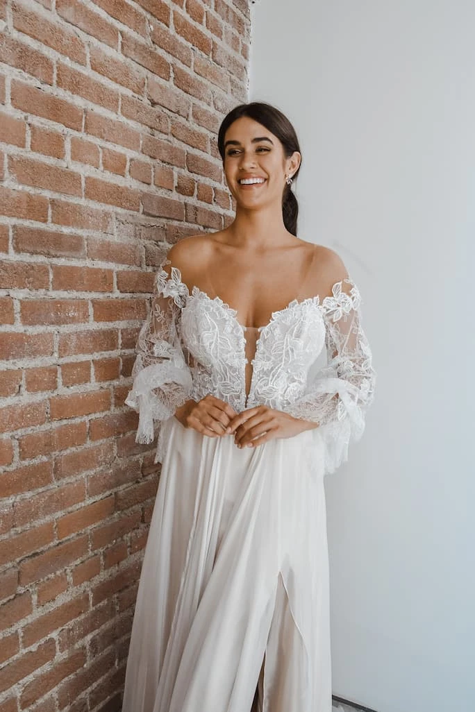 Boho off the shoulder wedding dress from all who wander in style Finn