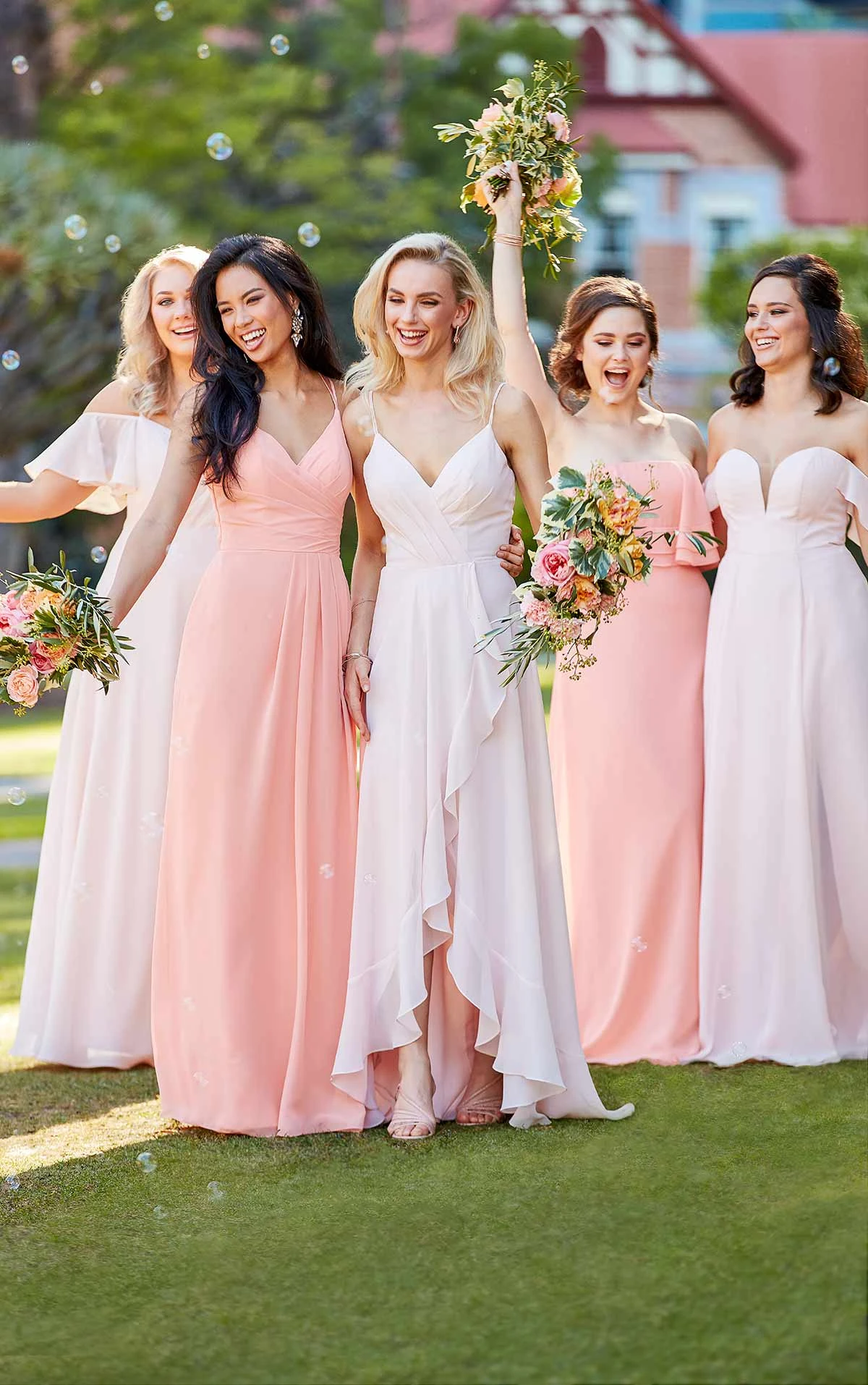 Dusty Pink Lace Mismatched High Low Fashion Bridesmaid Dresses