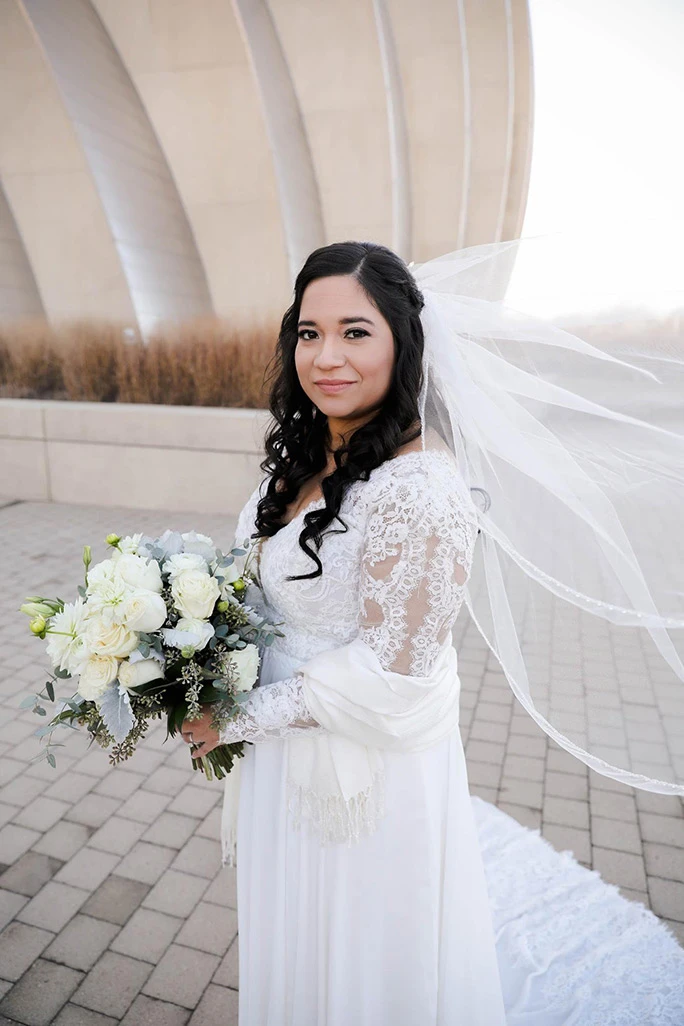 True bride Julia wearing long sleeve oxford street wedding dress, PA1125