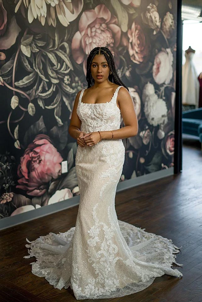 Bria Jones wearing luxurious square neckline wedding dress - style le1106 by martina liana