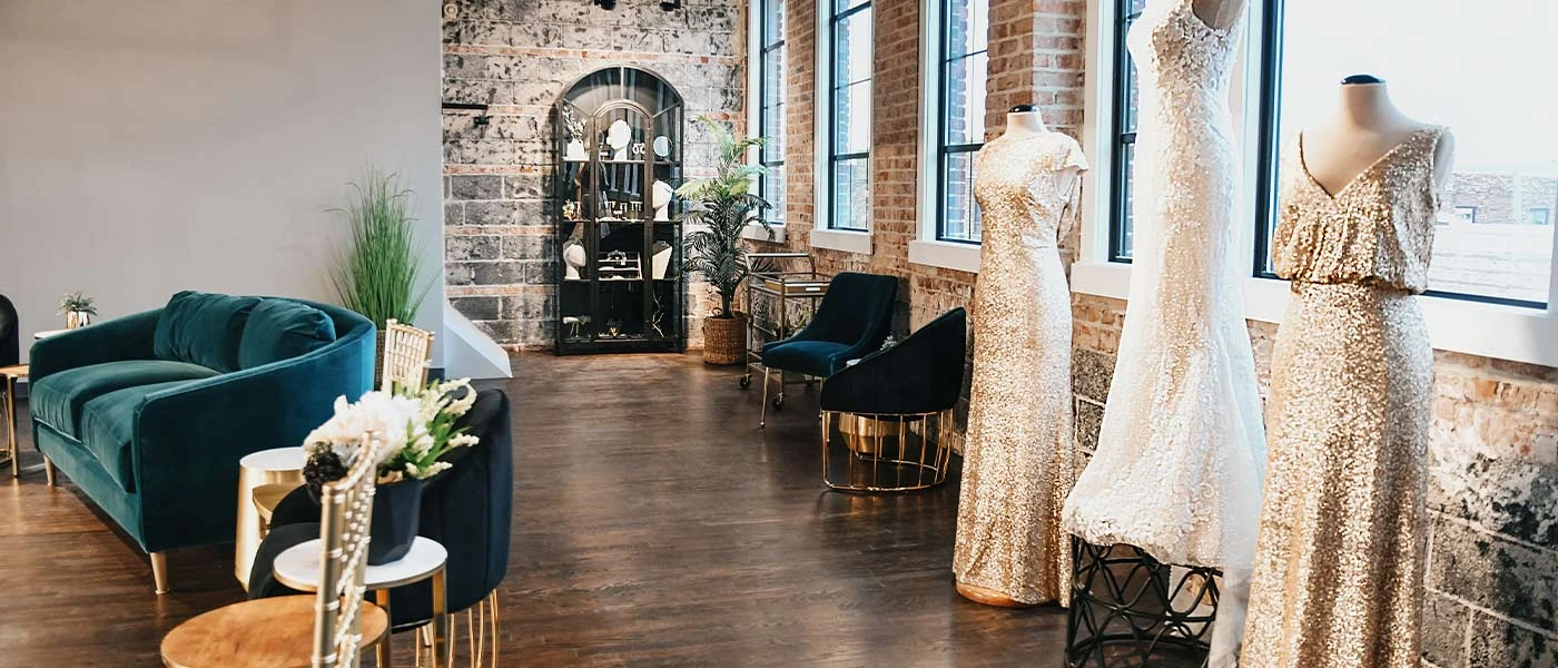 Second floor view of our Kansas City, Missouri, bridal shop. The second floor contains the VIP bridal suite at True Society by Belle Vogue Bridal.
