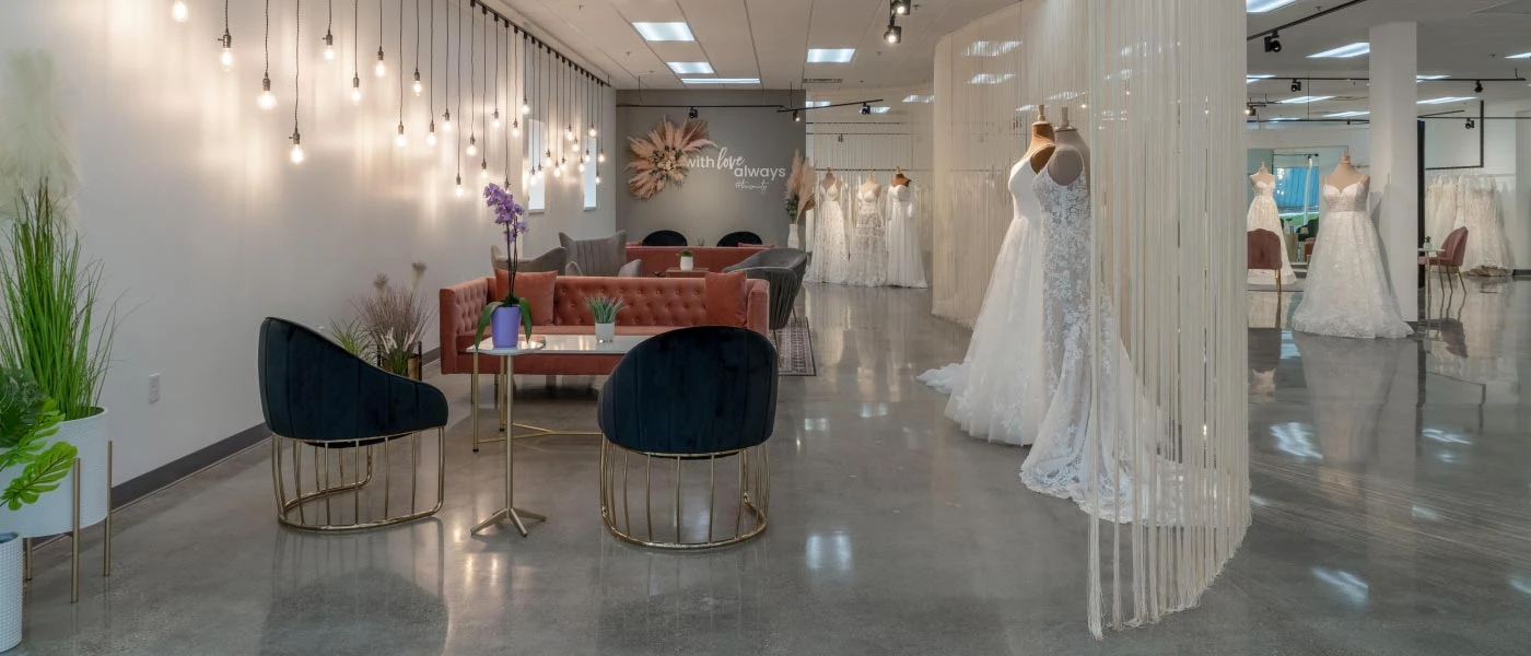 Soft seating area while awaiting your appointment at our Grand Rapids bridal boutique.