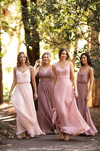 Pleated bridesmaid dresses by designer Sorella Vita. Styles 9448 and 9478.