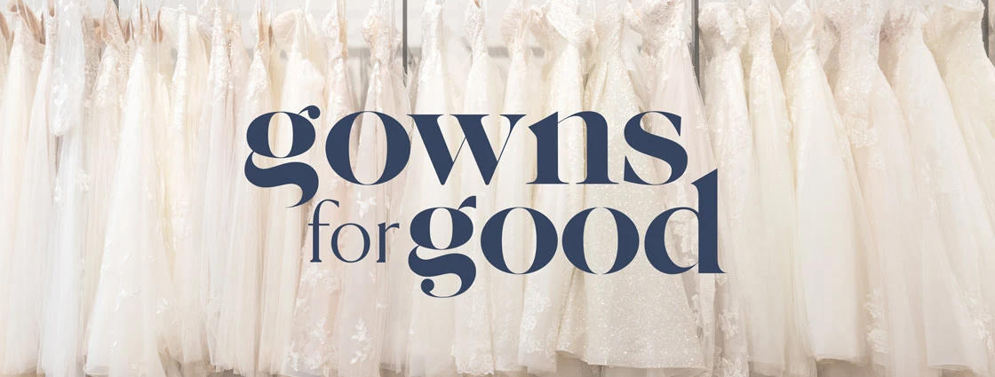 Gowns For Good logo over rack of wedding gowns
