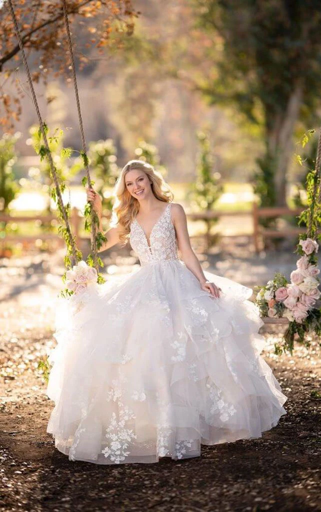 lace ballgown wedding dress with plunging neckline and full skirt - 1105 by Martina Liana