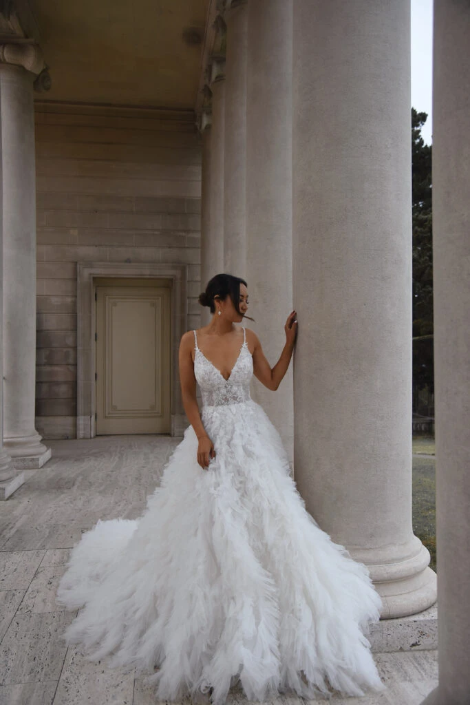 Wedding Dress with Multi Layer A Line Skirt and Lace Top