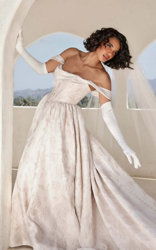 modern ballgown wedding dress with corset bodice and off the shoulder straps - 1823 by Martina Liana
