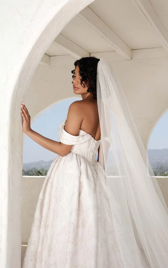 off the shoulder ballgown wedding dress with full train -1823 by Martina Liana