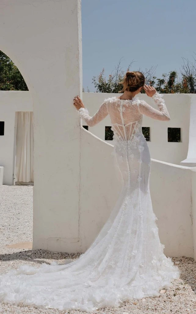 illusion lace wedding dress with sheer back and long sleeves - 1866 by Martina Liana