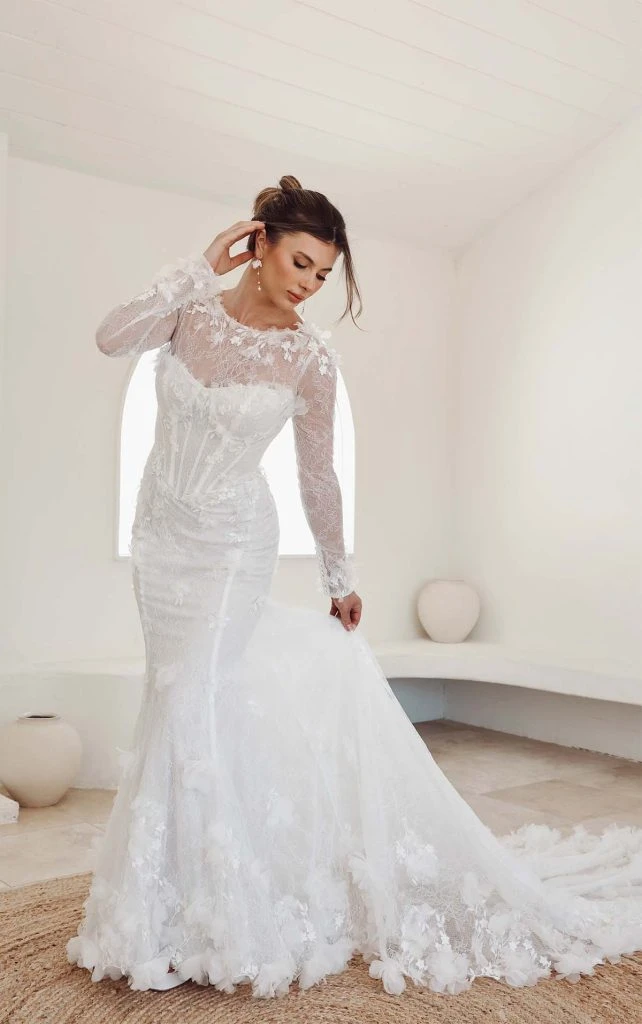 sexy illusion lace mermaid wedding dress with long sleeves - 1866 by Martina Liana