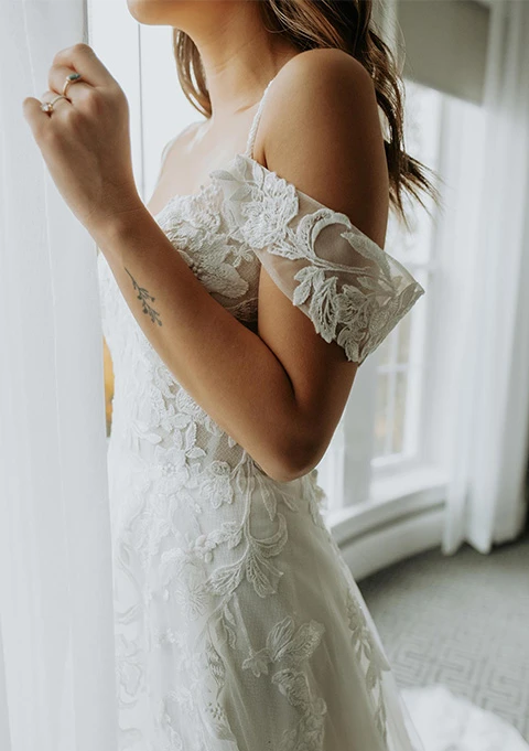 lace off the shoulder wedding dress - Stella York 7447