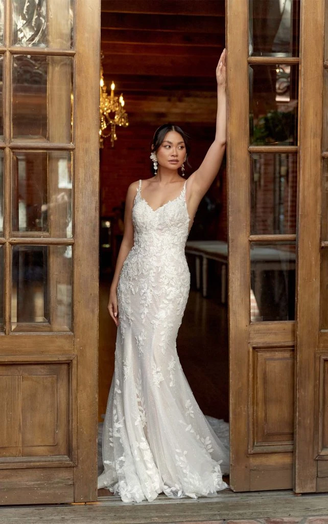 casual lace mermaid wedding dress with open back and lace train - D4223 by Essense of Australia