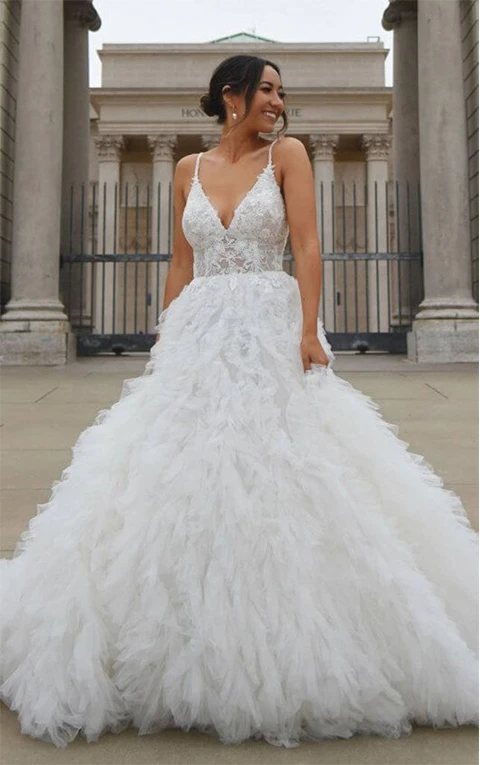 Reina  Deep V Corset Long-Sleeve Wedding Ball Gown - Amor