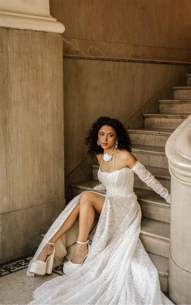 boho lace wedding dress with detachable long sleeves - hadley by all who wander