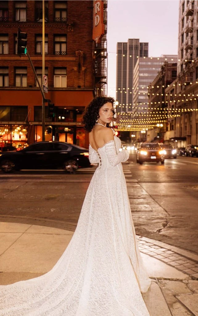 all over lace a-line wedding dress with long train - hadley by all who wander