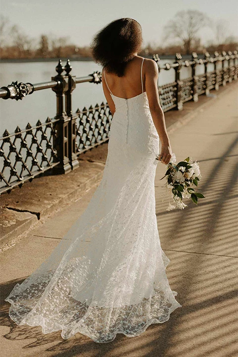 lace column wedding dress with shaped train - 7553 by Stella York