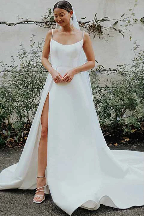 simple a-line wedding dress with scoop neck and slit - D3460 by Essense of Australia