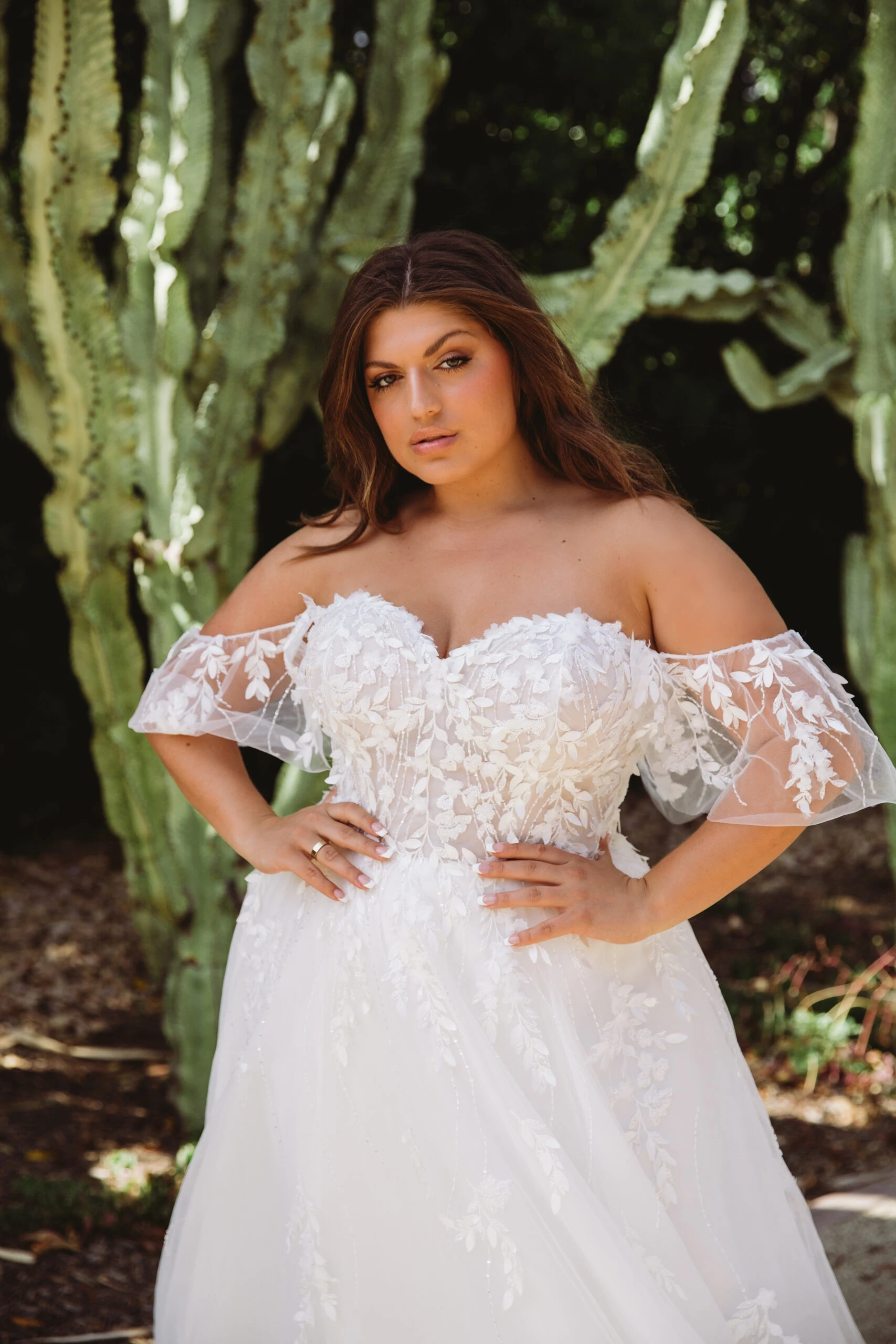 plus size lace off-the-shoulder a-line wedding dress - D3529+ by Essense of Australia