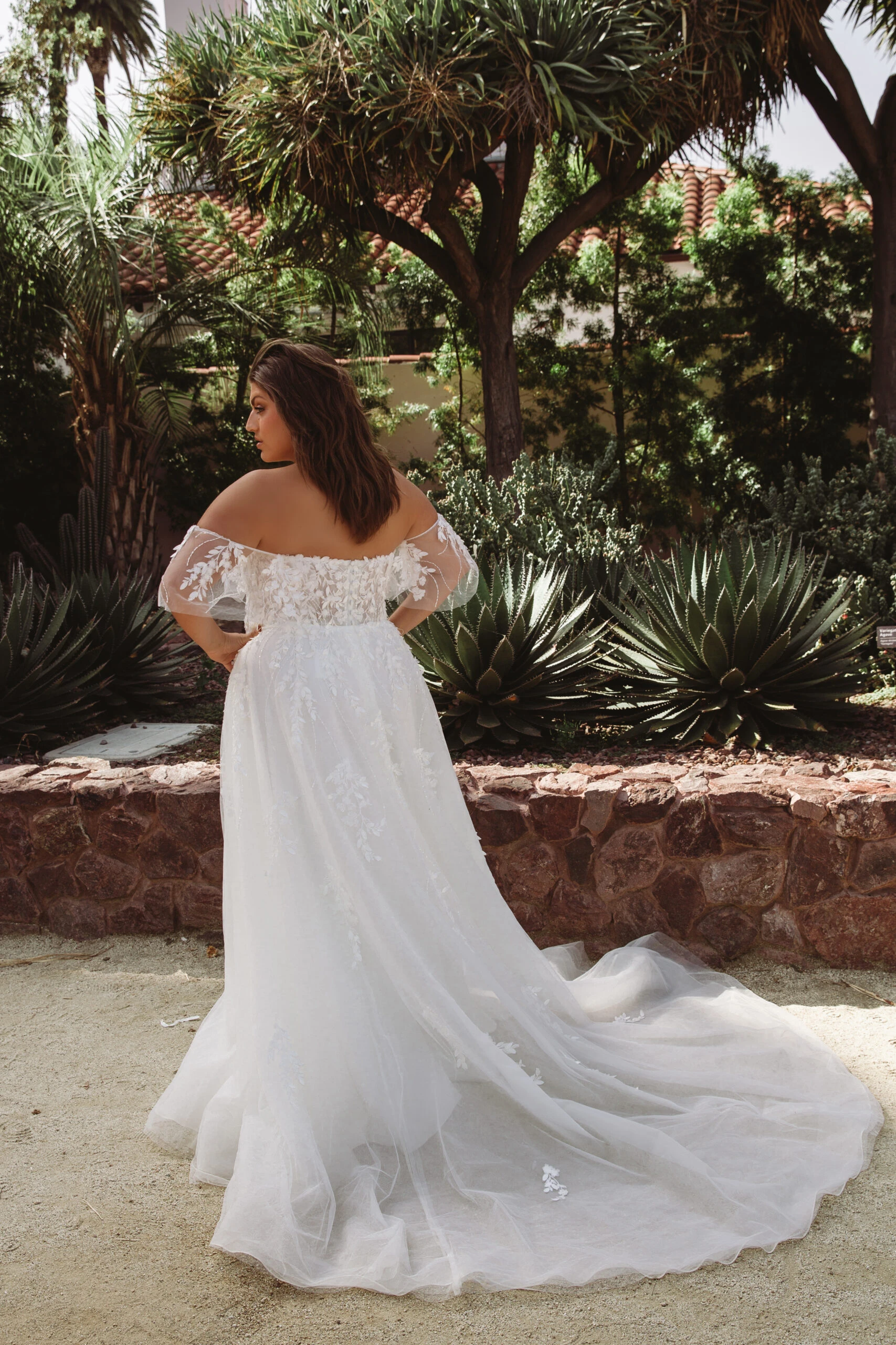 plus size a-line wedding dress with tulle skirt and off-the-shoulder sleeves - D3529+ by Essense of Australia