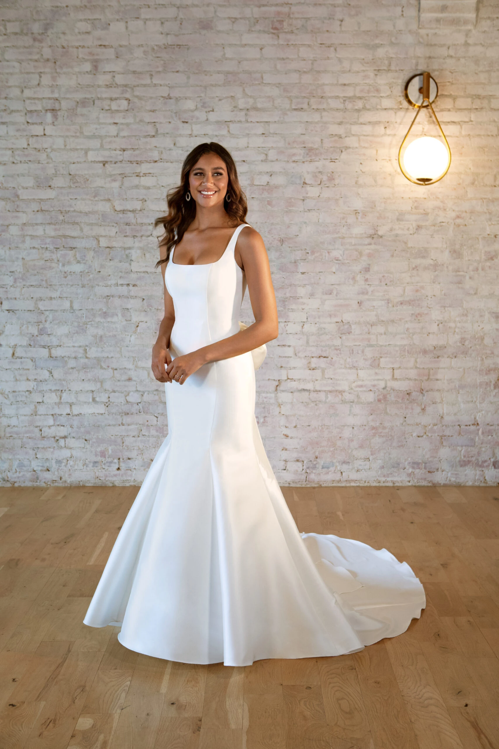 simple mikado fit-and-flare wedding dress with square neckline - 7557 by Stella York