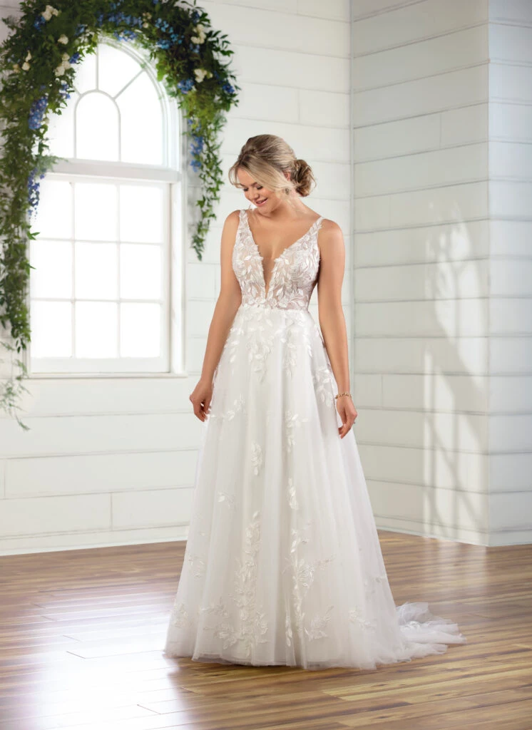 lace a-line wedding dress with plunging v-neckline - D3023 by Essense of Australia