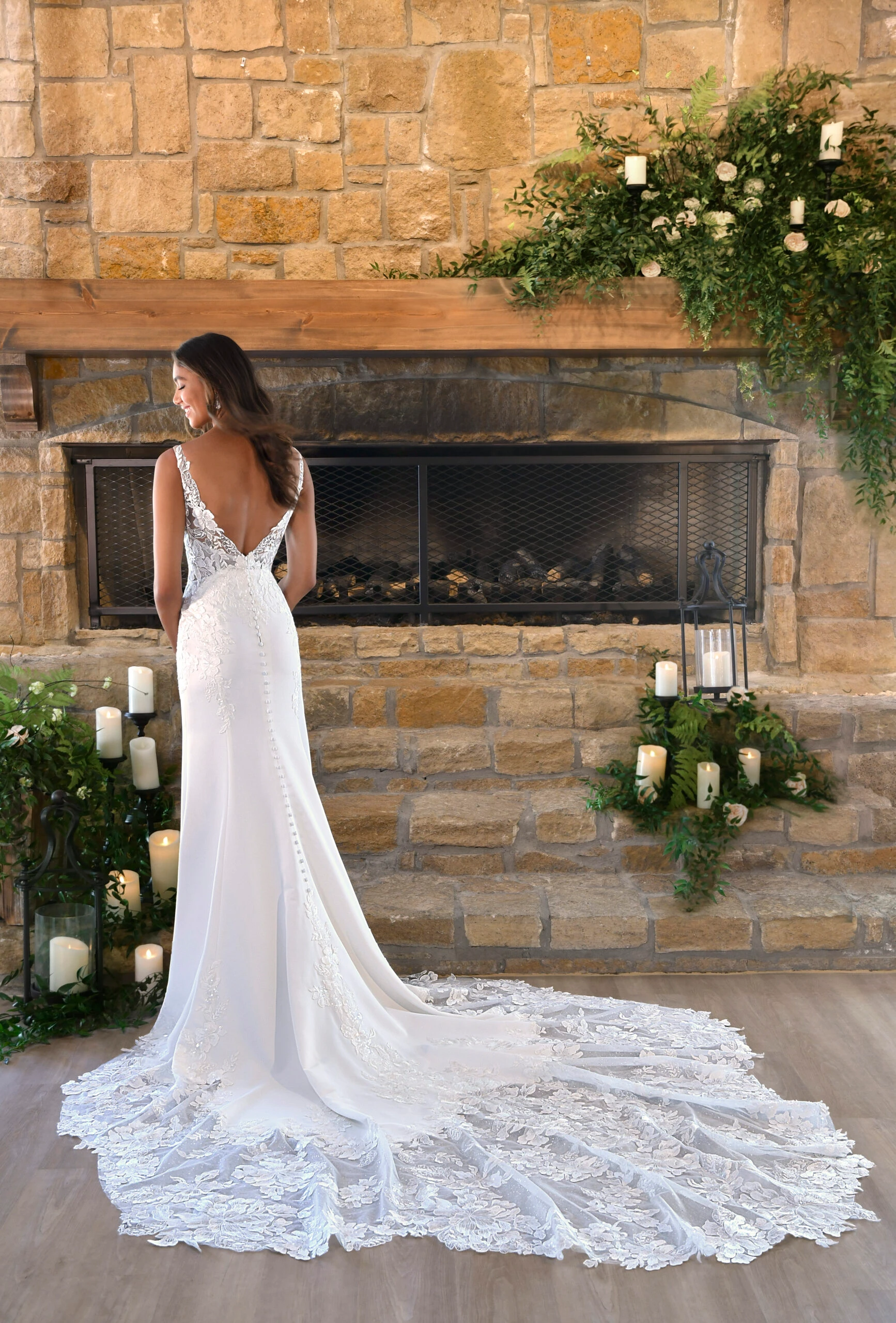 sheath wedding dress with low back and shaped train - 7457 by Stella York
