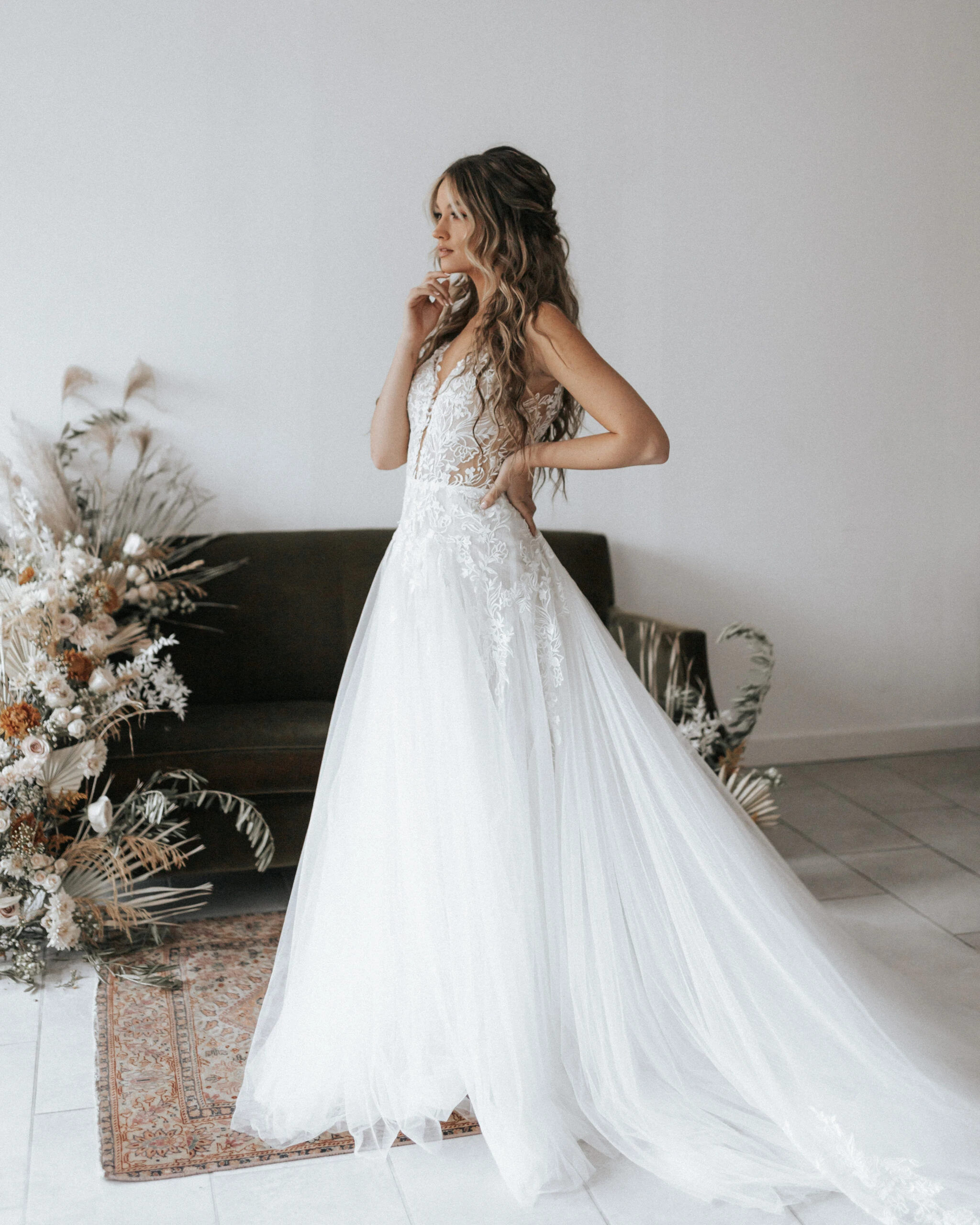 lace a-line wedding dress with full tulle skirt - corie by all who wander