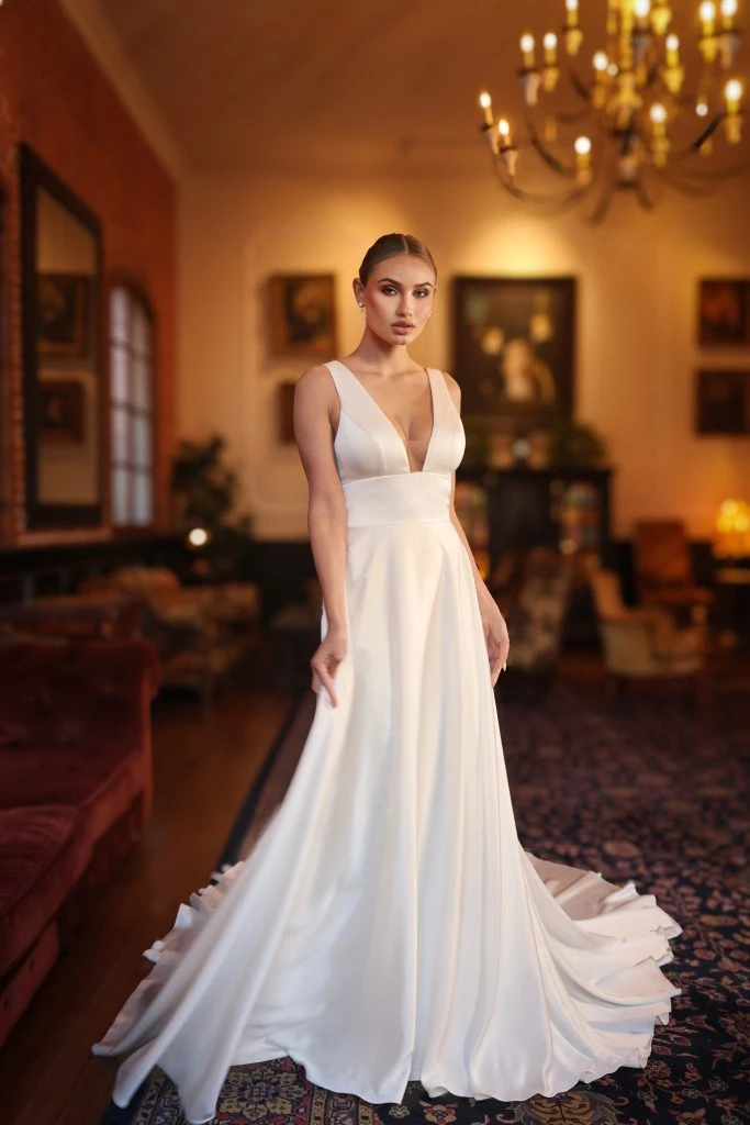 simple silk a-line wedding dress with plunging neckline and low back - D4359 by Essense of Australia