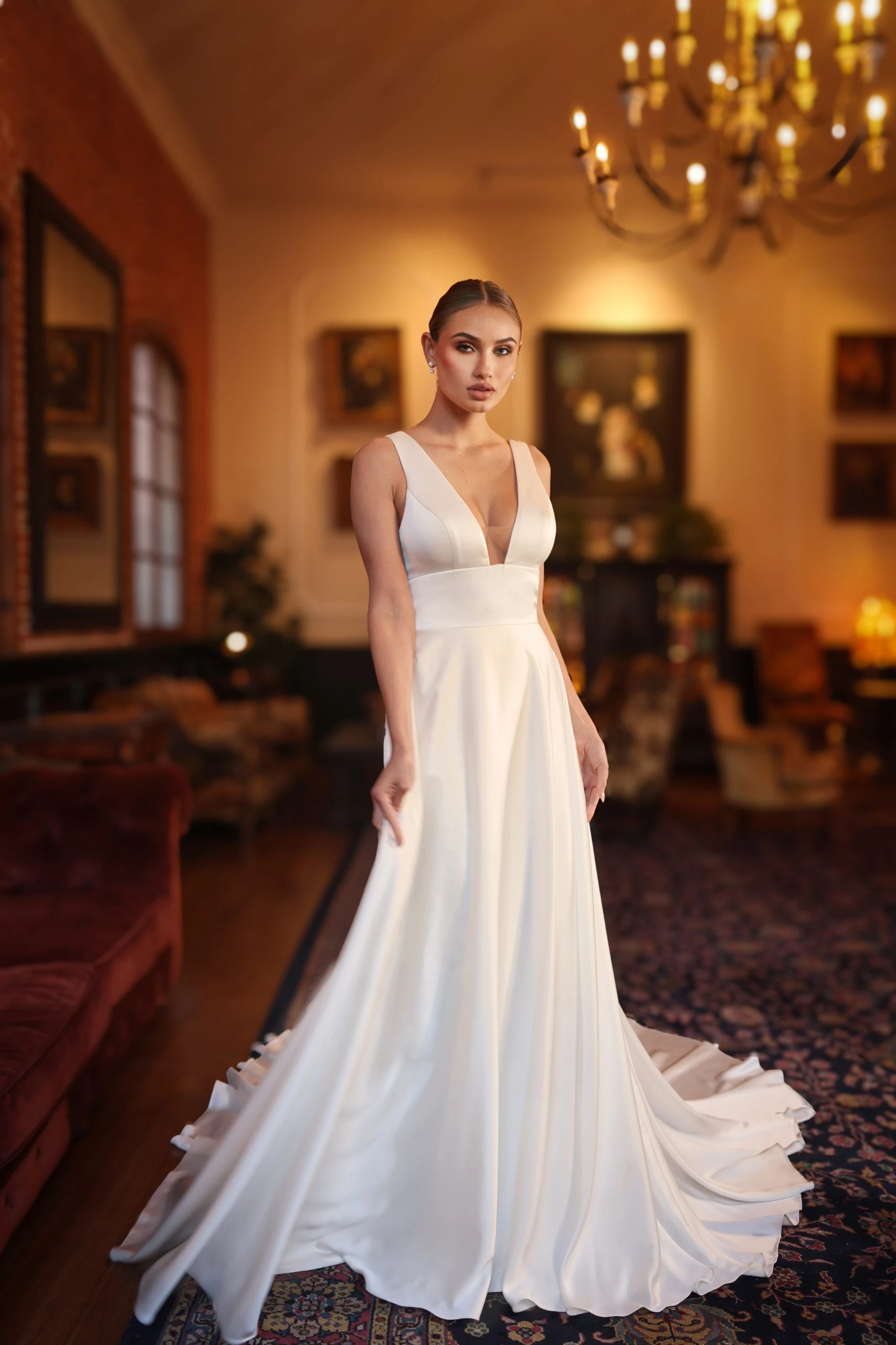 simple silk a-line wedding dress with plunging neckline and low back - D4359 by Essense of Australia