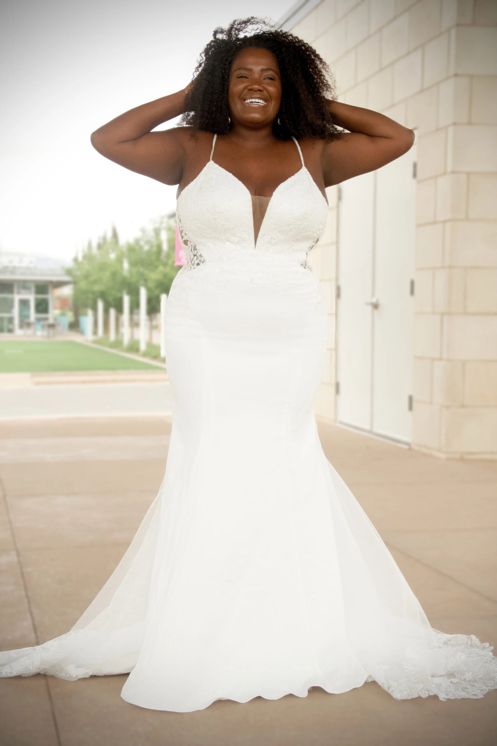 plus size lace mermaid wedding dress with plunging neckline - D3339+ by Essense of Australia