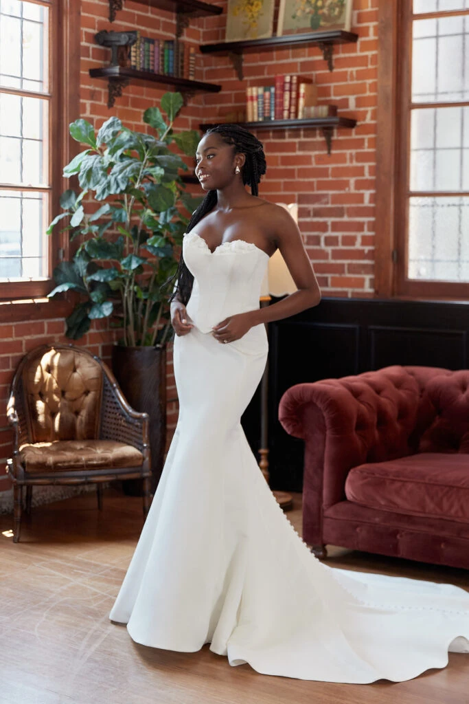 Bride wearing a strapless fit-and-flare wedding dress