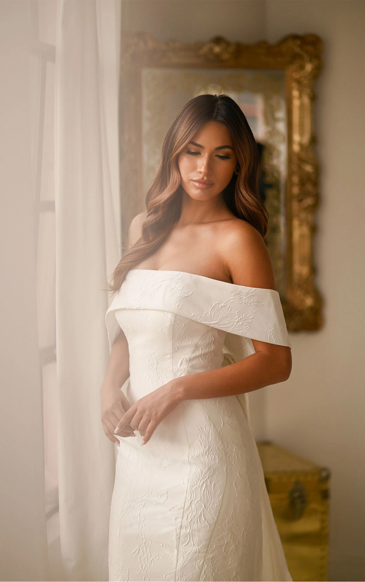 simple textured column wedding dress with off the shoulder straps and bow back - 1619 by Martina Liana