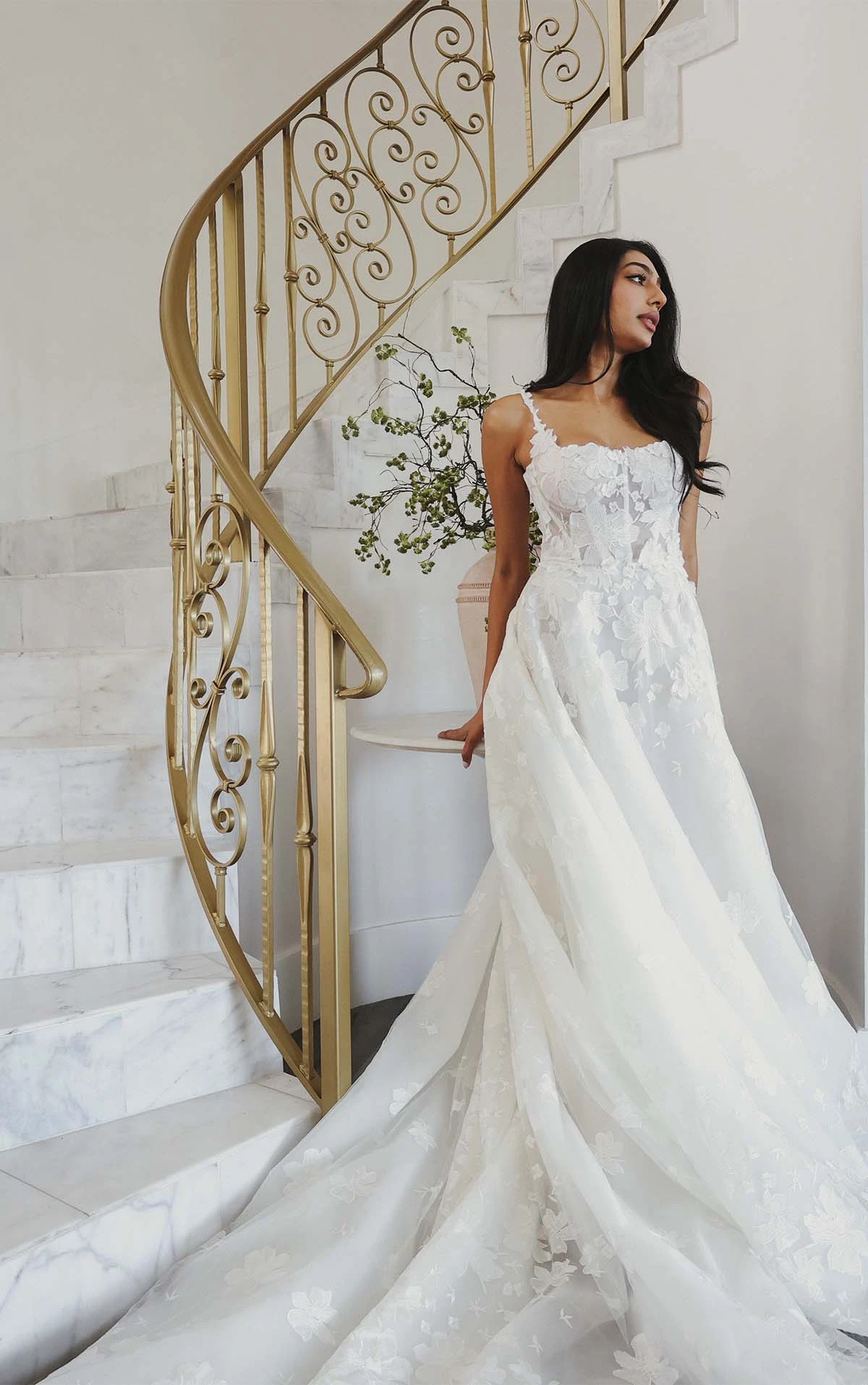 floral lace and tulle a-line wedding dress with square neckline - 1749 by Martina Liana