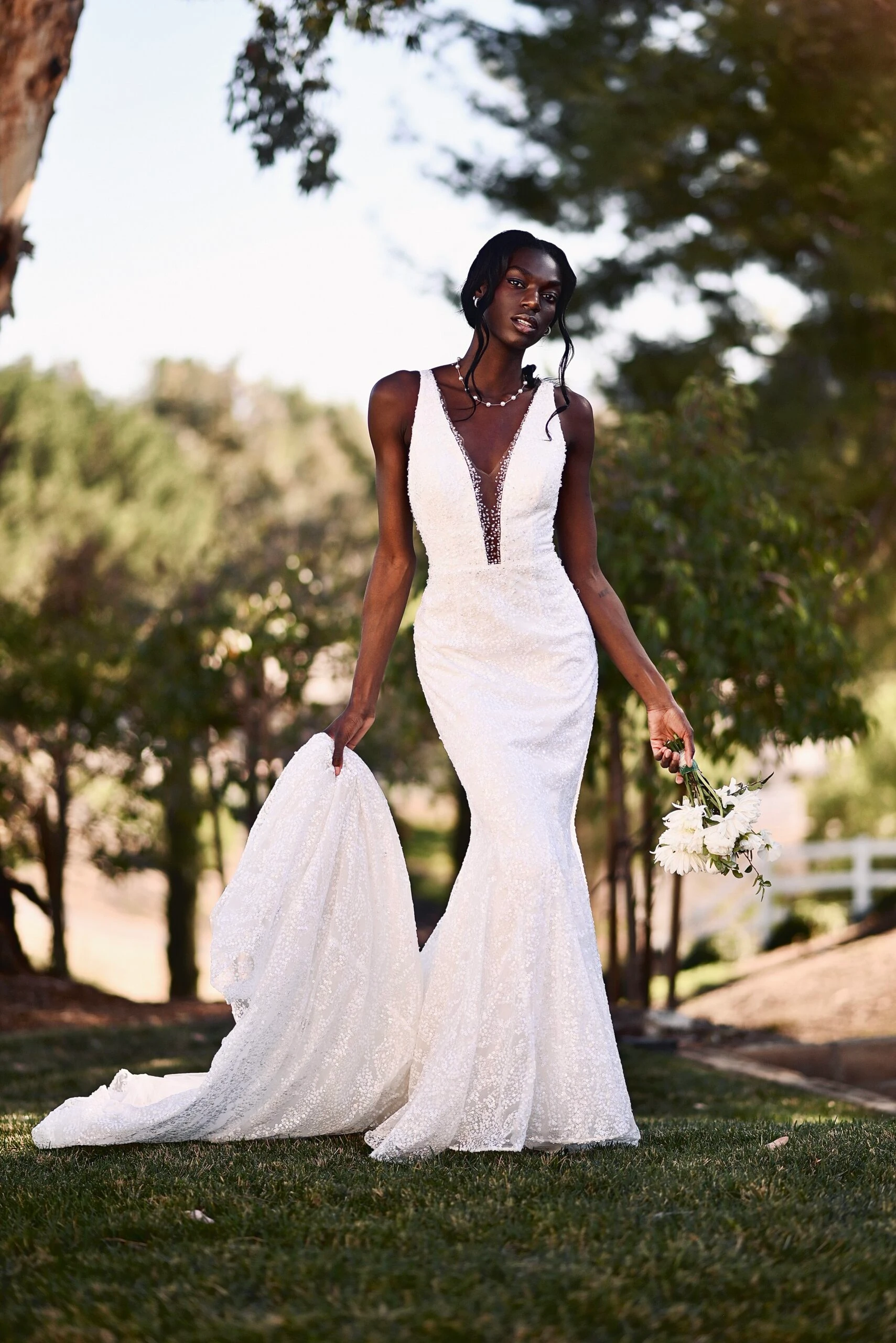sparkling fit-and-flare wedding dress with plunging neckline - 1509 by Martina Liana