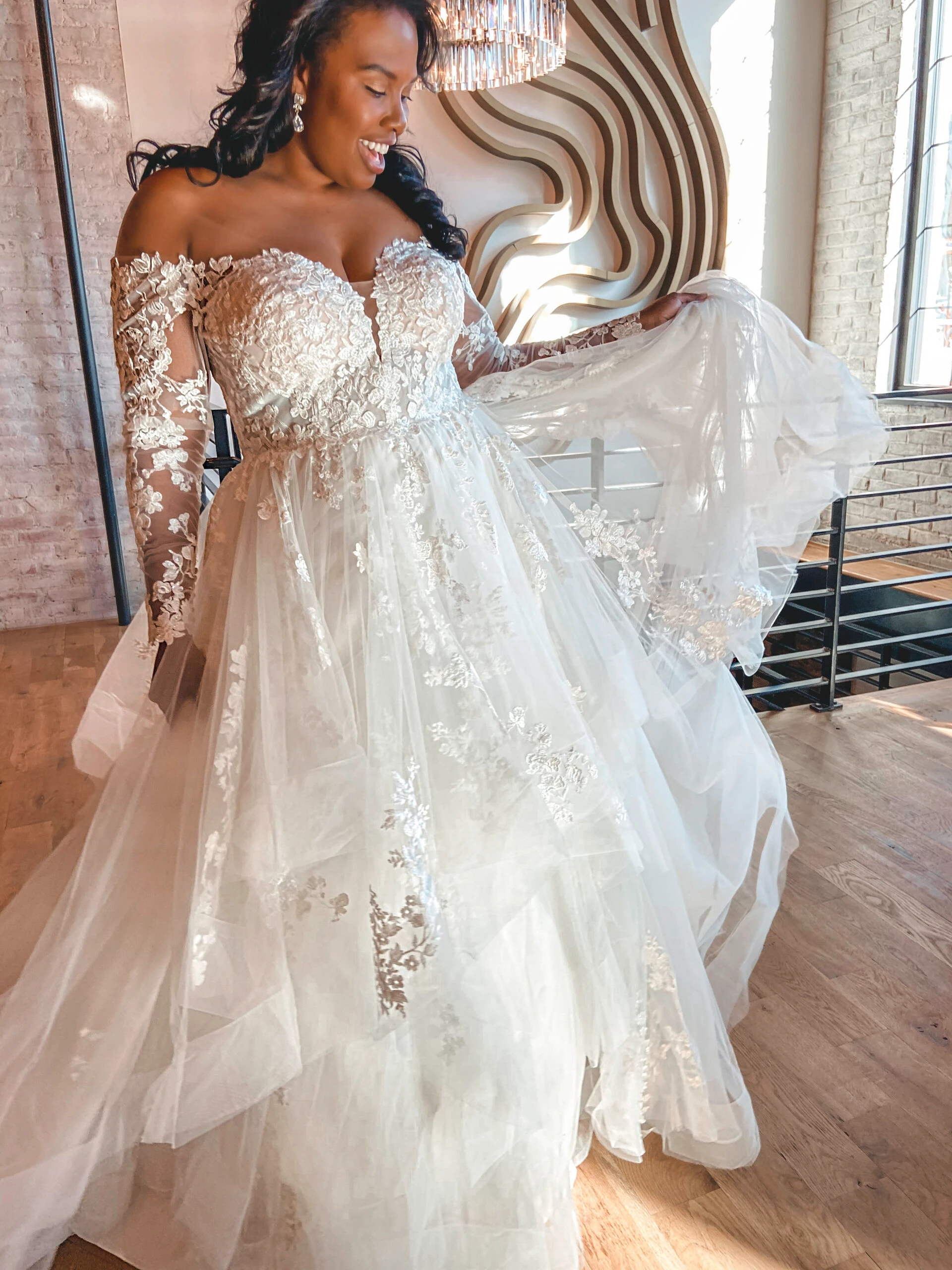 plus size lace ballgown wedding dress with off the shoulder long sleeves - D3274 by Essense of Australia