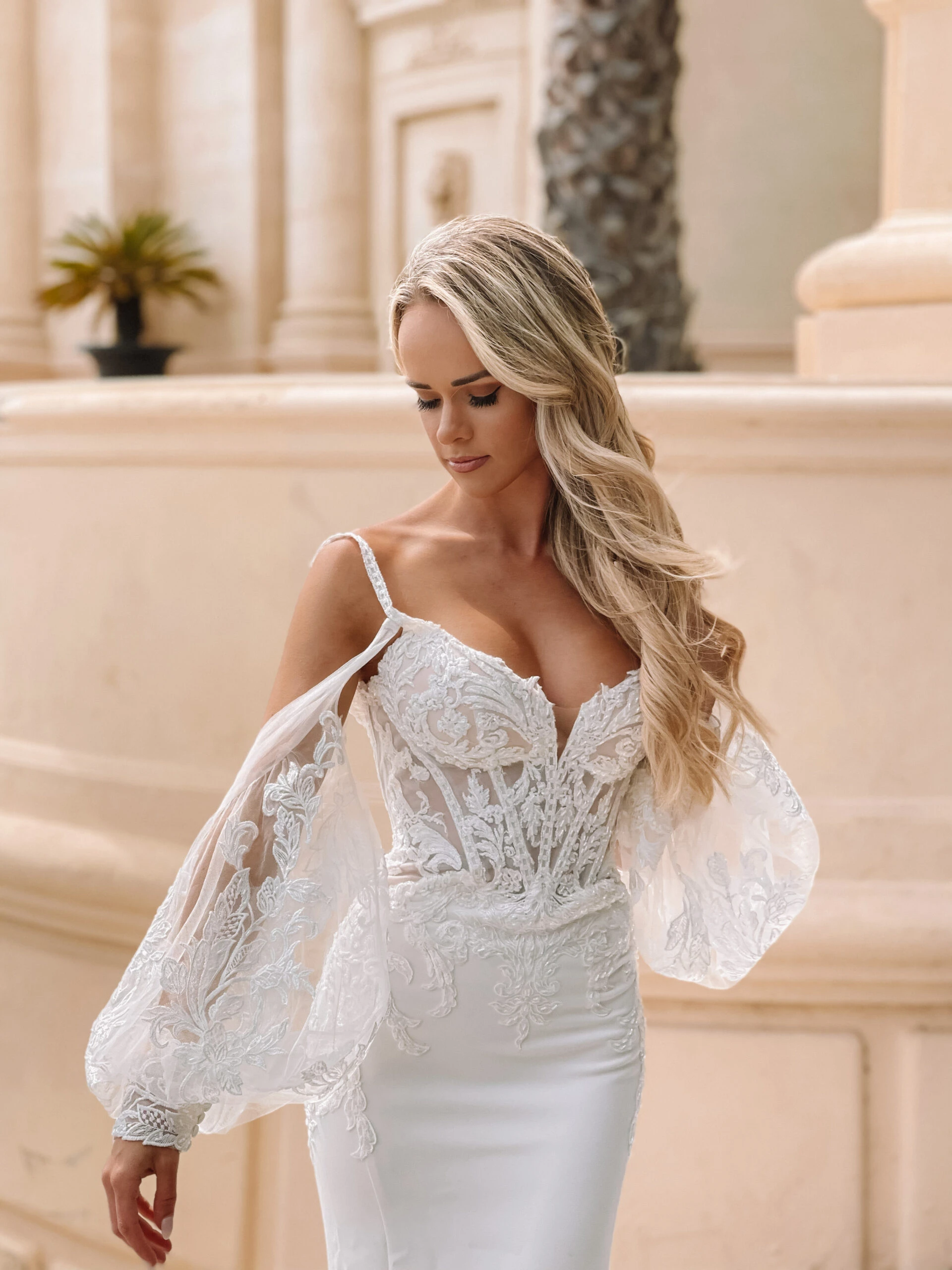 lace mermaid wedding dress with detachable sleeves - 1406 by Martina Liana
