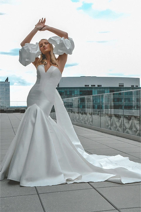 simple white wedding dress with detachable train - 1266 by Martina Liana