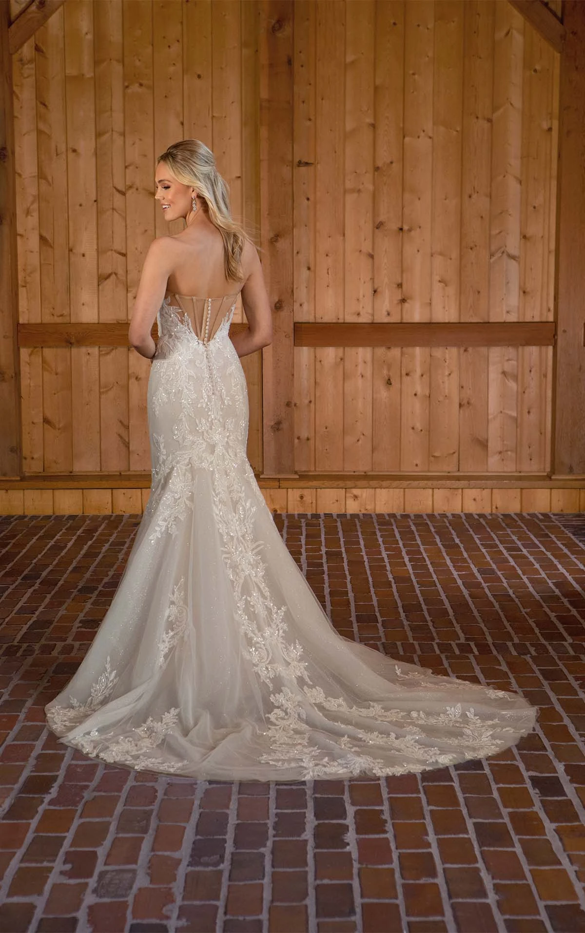 sparkling lace mermaid wedding dress with chapel train and sheer back - D3647 by Essense of Australia