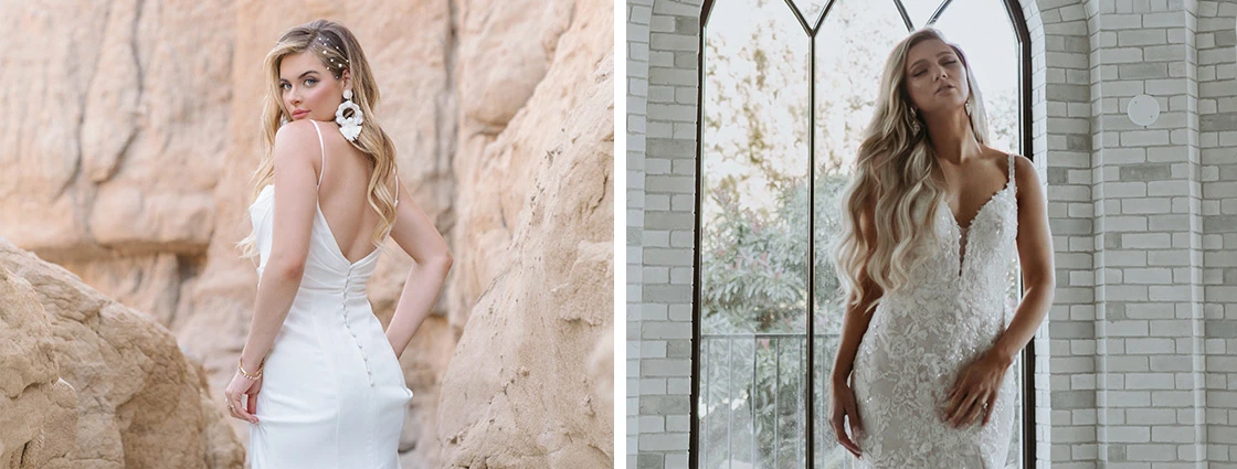 2 brides wear petite simple wedding dresses.