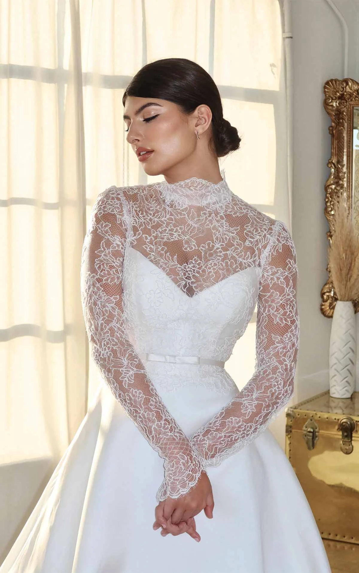 lace a-line wedding dress with bow belt - 1809 by Martina Liana
