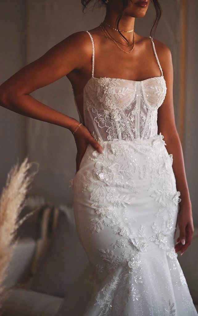 floral applique wedding dress with spaghetti straps - 1488 by Martina Liana 