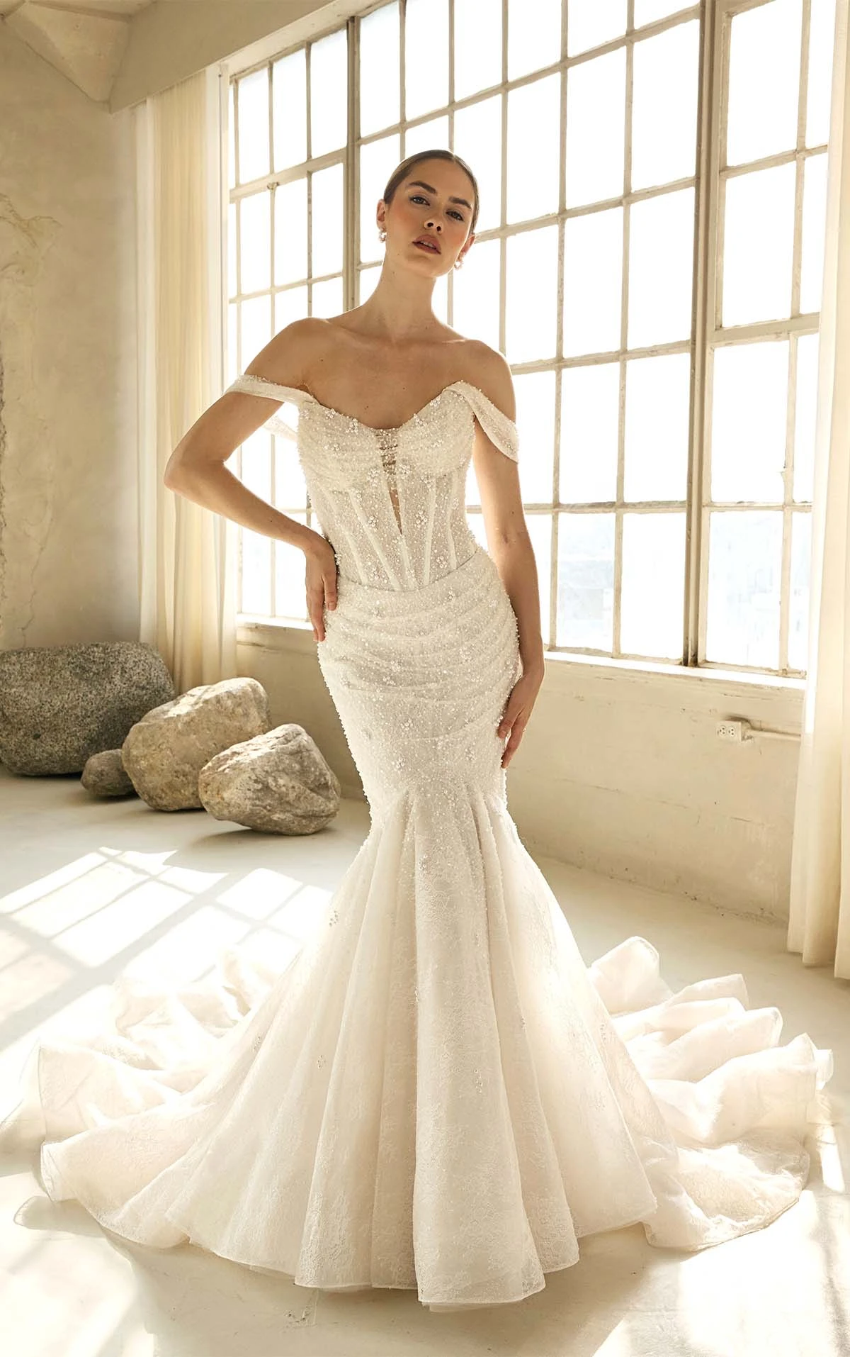 sexy mermaid wedding dress with sheer bodice and off the shoulder straps - LE1339 by Martina Liana Luxe
