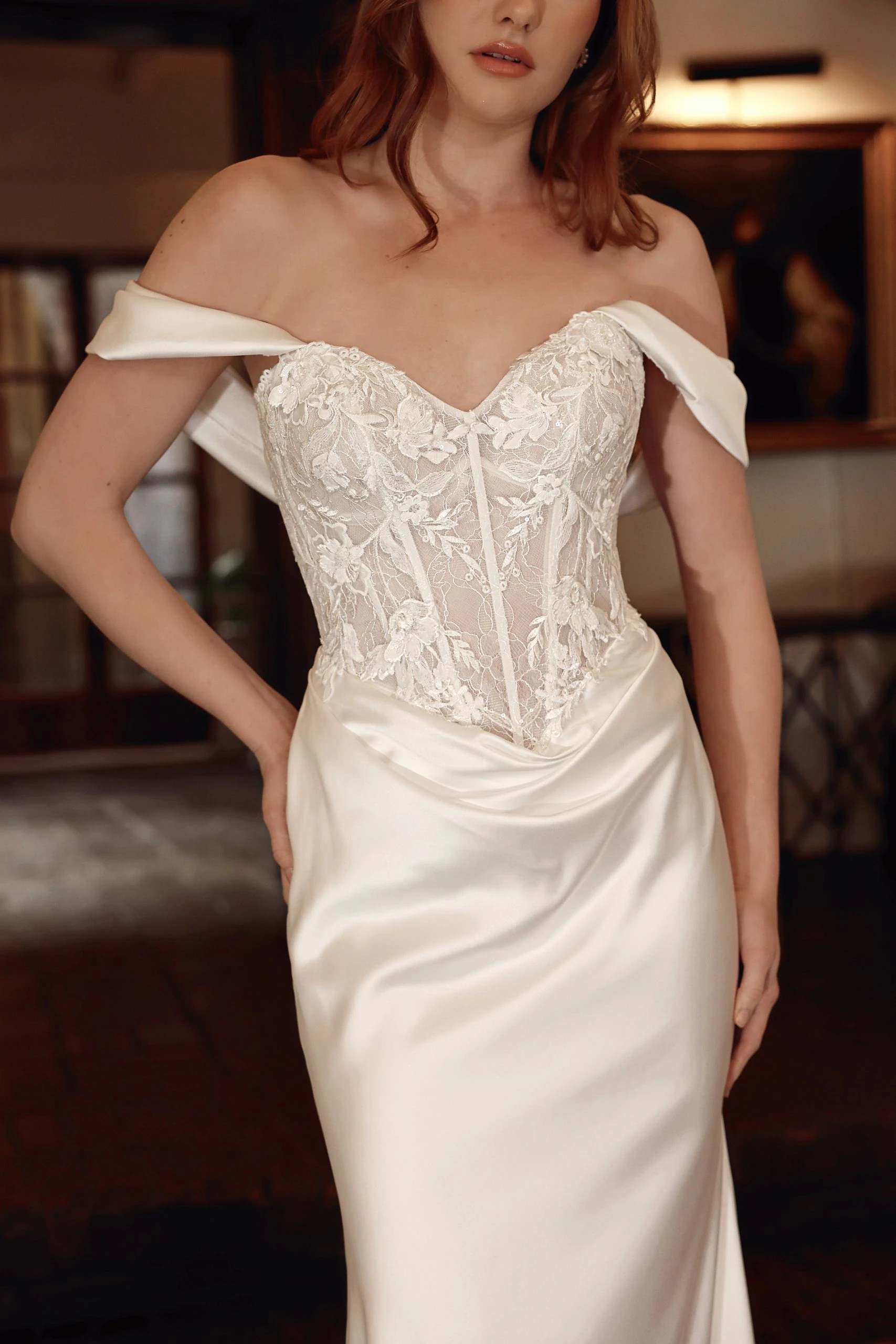 sexy off the shoulder column wedding dress with beaded corset bodice - D4303 by Essense of Australia
