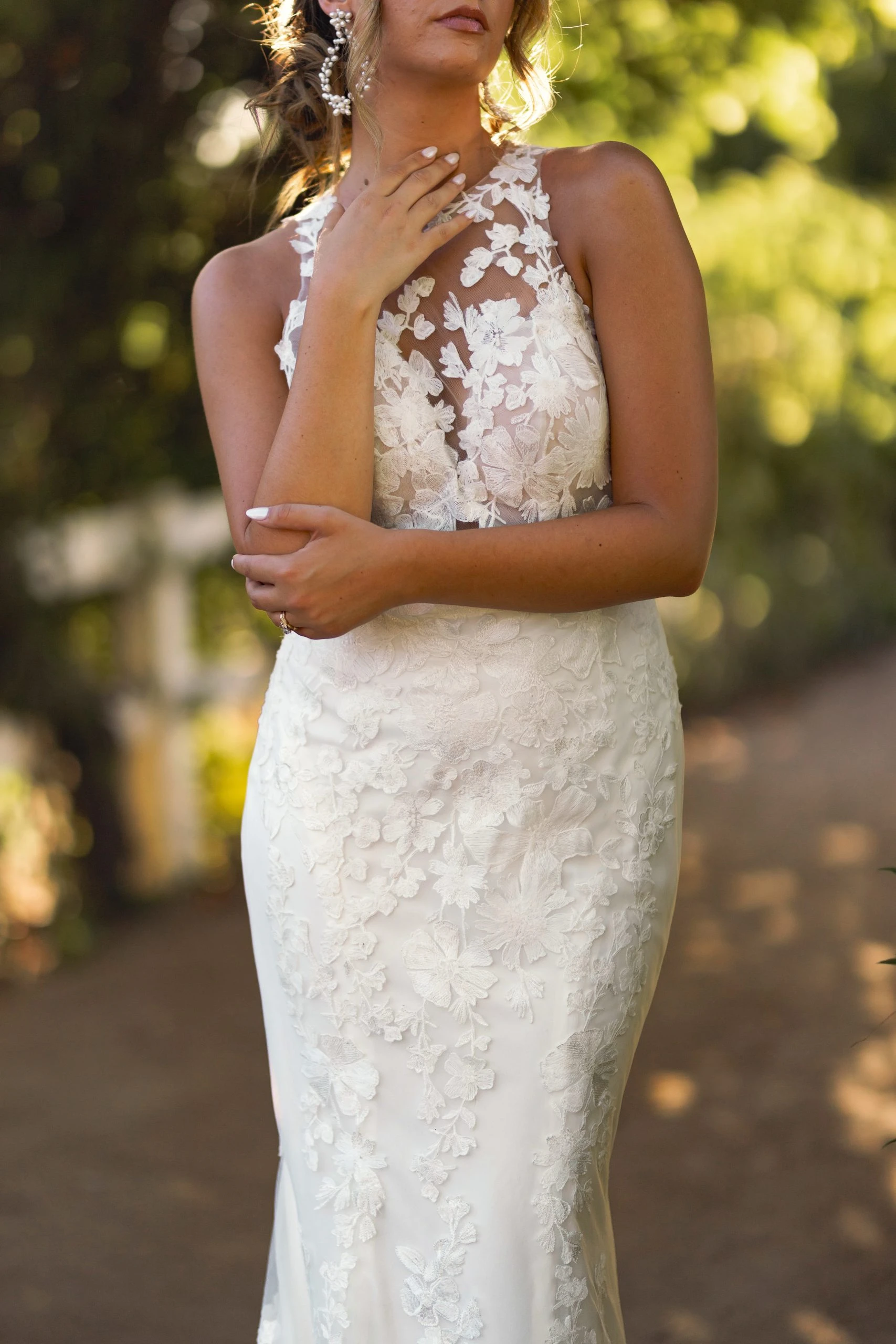 lace column wedding dress with illusion high neck and open back - D4141 by Essense of Australia