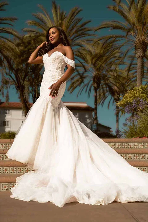 lace trumpet wedding dress with off the shoulder straps - d3371 by essense of australia