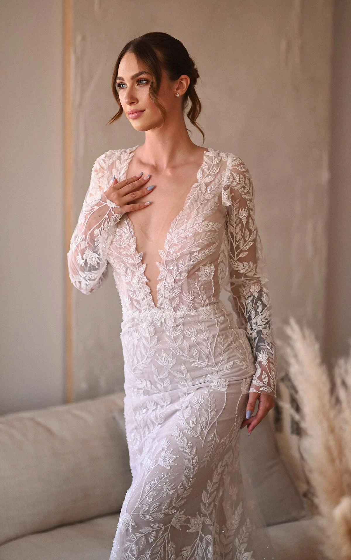 sexy lace mermaid wedding dress with long sleeves and plunging neckline - 1525 by Martina Liana 