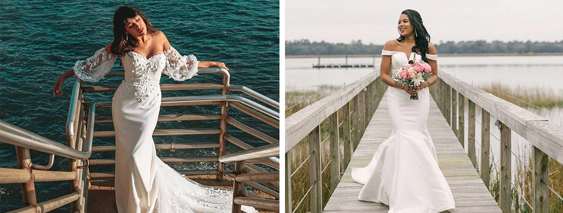 2 brides wear True Society mermaid-style wedding dresses.